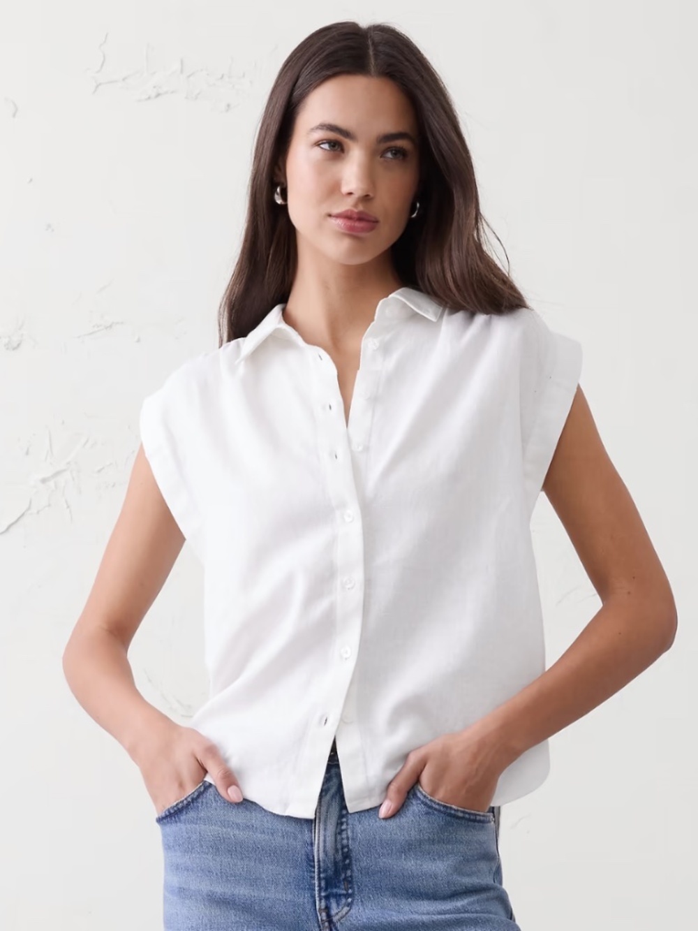 Banana Republic Linen Blend Cap-Sleeve Button-Down Shirt in White NWT